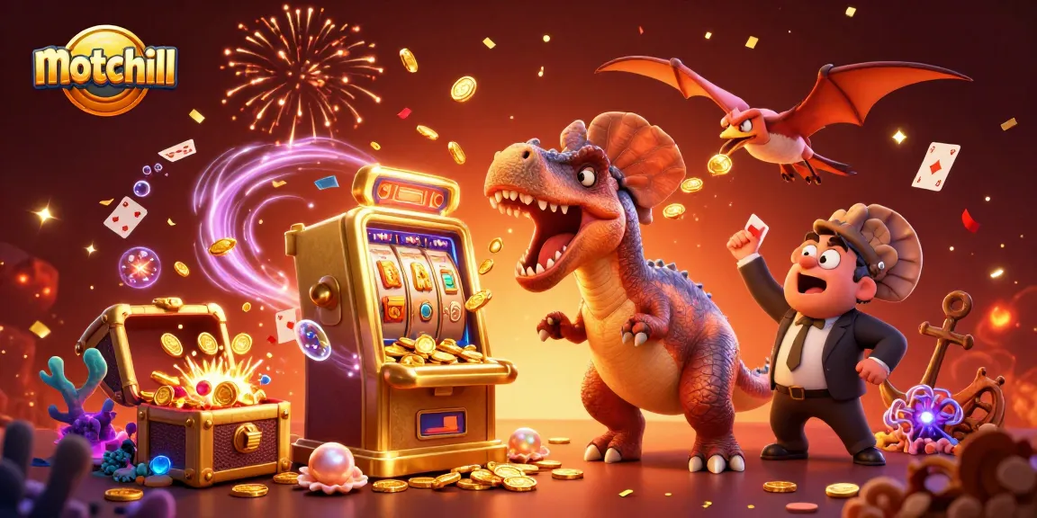 Experience motchill excitement as a cartoon dinosaur interacts with a slot machine amidst a vibrant casino scene.