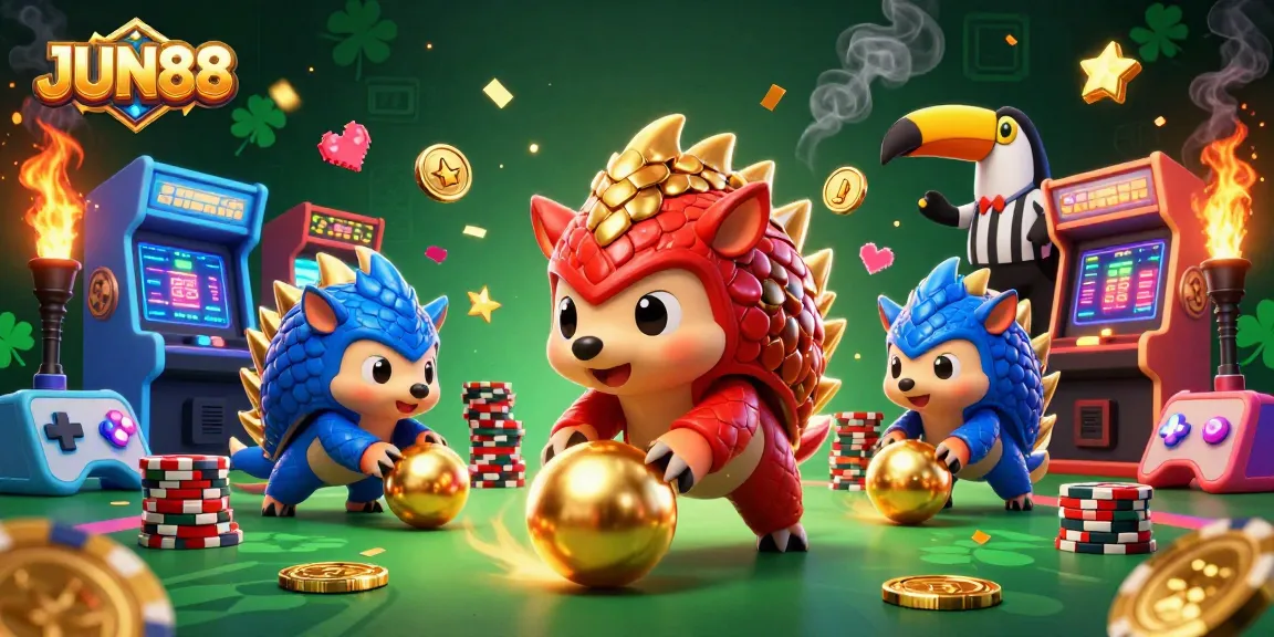 JUN88 pangolins bowling through poker chips in a vibrant casino scene
