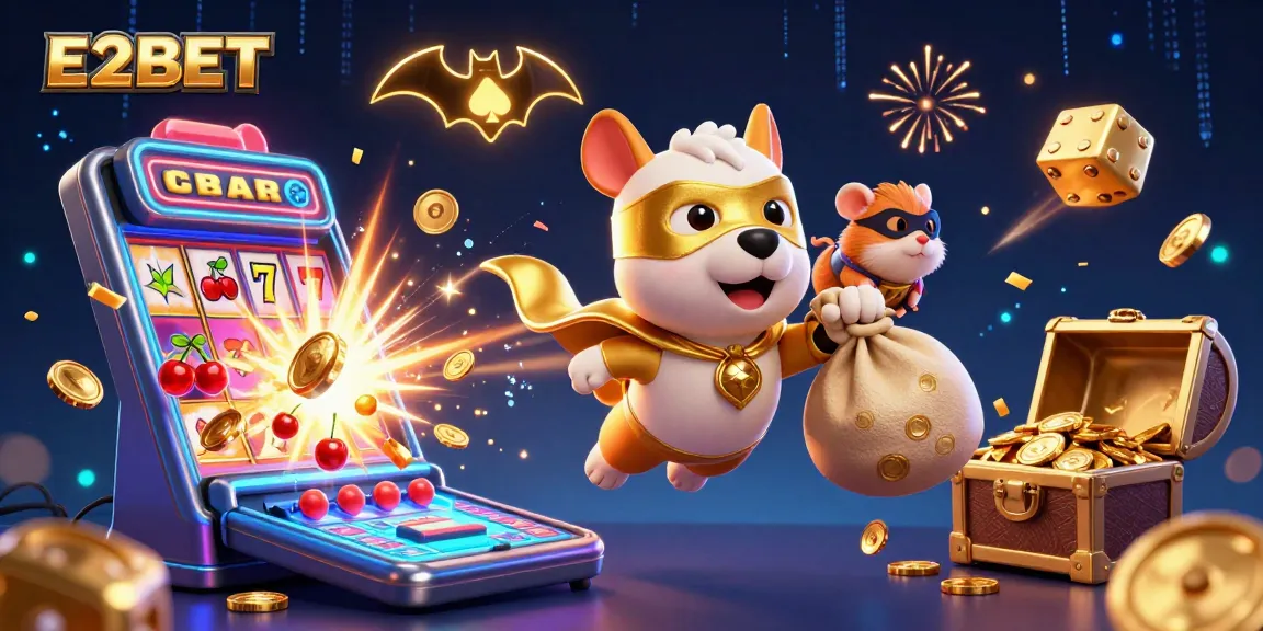 Spin and win big with E2BET in this vibrant casino-themed digital illustration featuring a superhero dog and hamster.