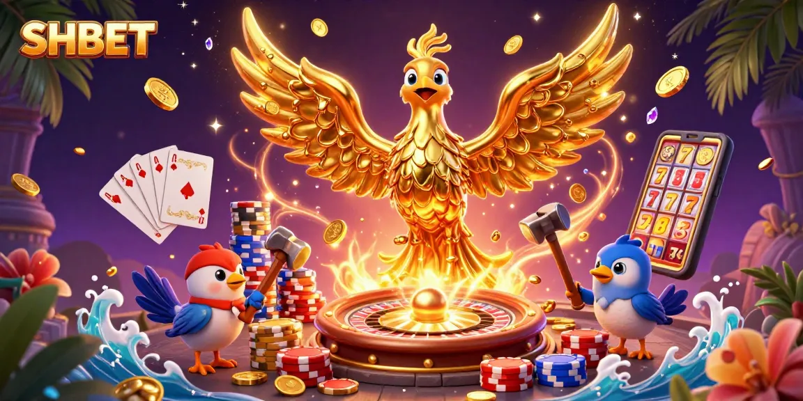 Experience thrilling gaming at SHBET with golden phoenix, coins, and vibrant casino elements.