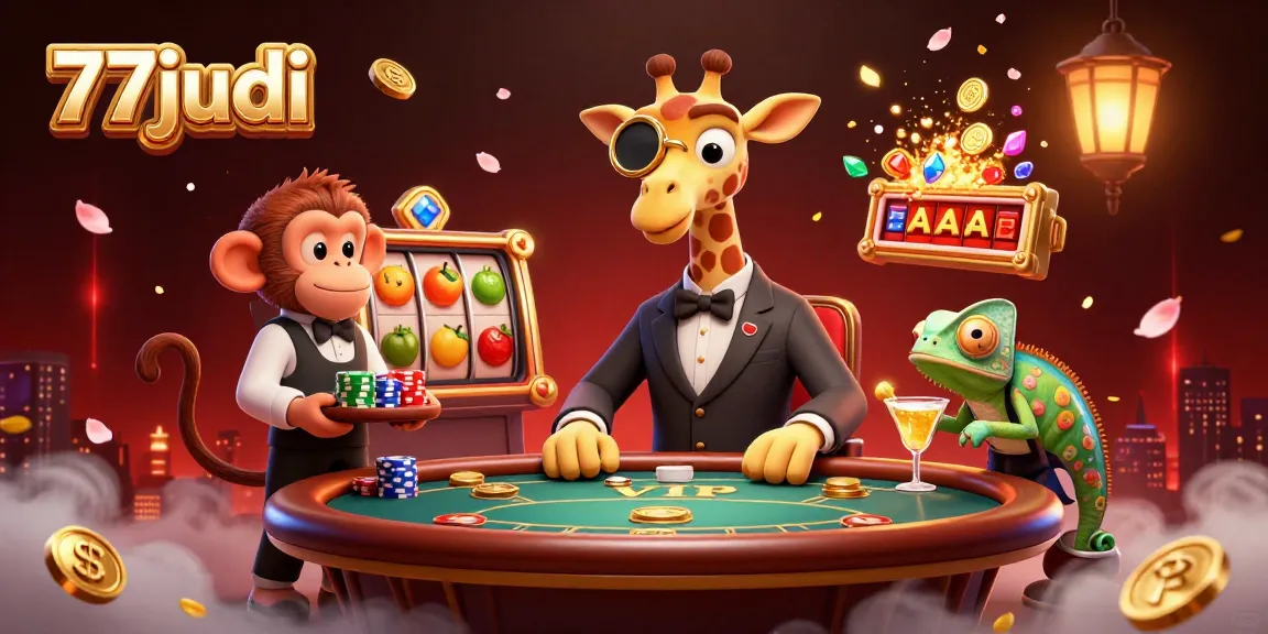 Experience thrilling gaming at 77judi with vibrant characters, slot details, and a lively casino atmosphere.