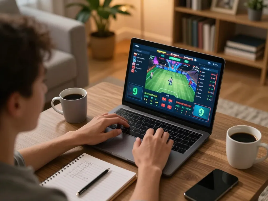 Person placing strategic bets on 9bets via laptop in cozy home setup