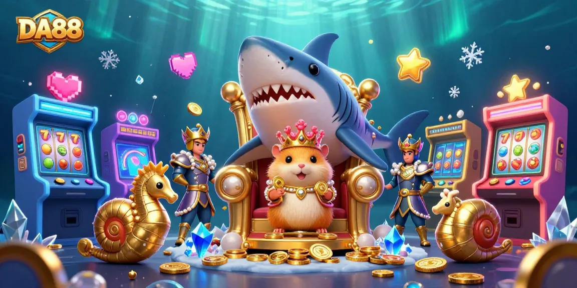 Experience the thrill of DA88's gaming world as a golden hamster king rules from a shark tooth throne.