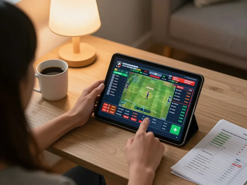 Engaging in sports betting on a tablet with kuwin app in a cozy home setting.