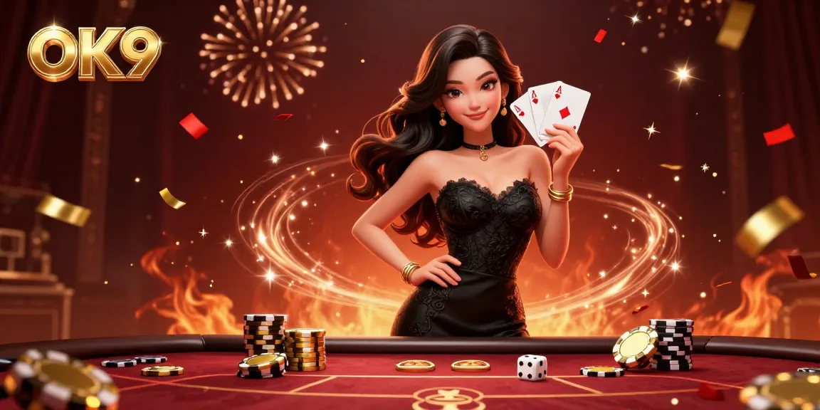 Engage in thrilling poker at OK9, featuring stylish Asian woman fanned with ace cards.
