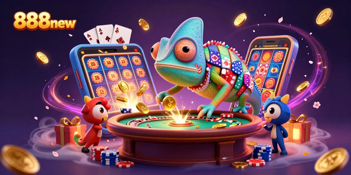 Experience the excitement of 888new with a colorful 3D casino scene filled with games and rewards.