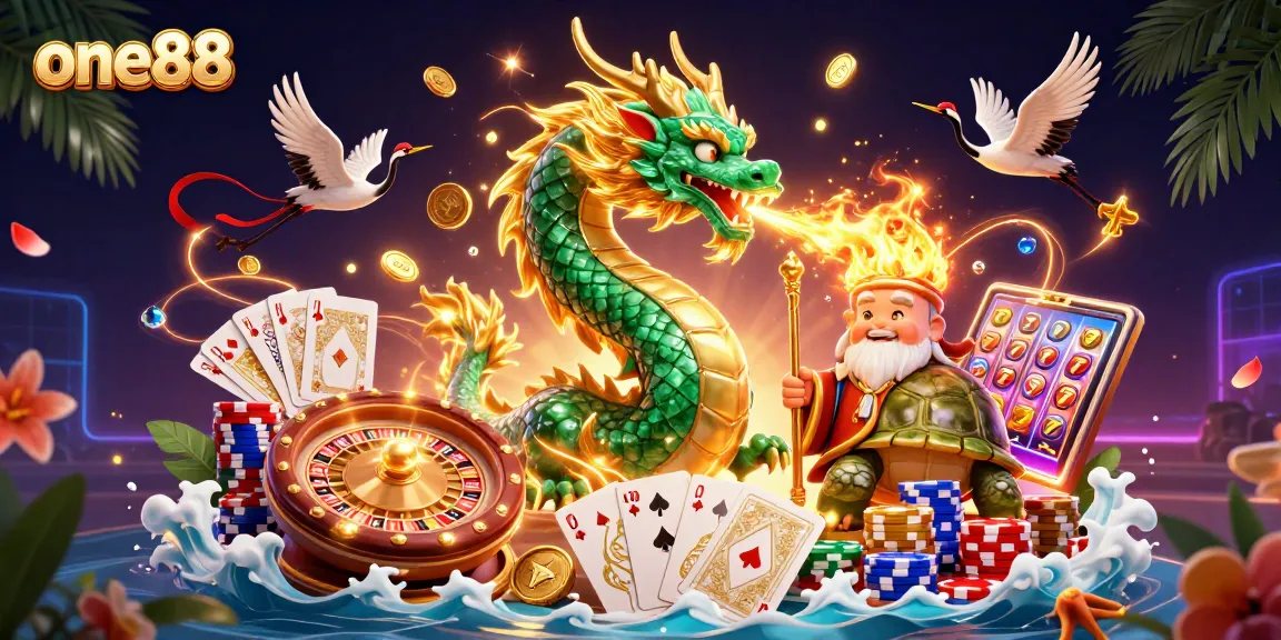Experience thrilling action at one88 with a majestic jade dragon and lucky symbols amidst rich casino elements.