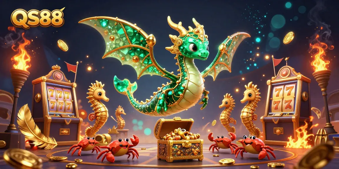 Experience the thrill of QS88 with stunning 3D dragon and slot machine illustrations.