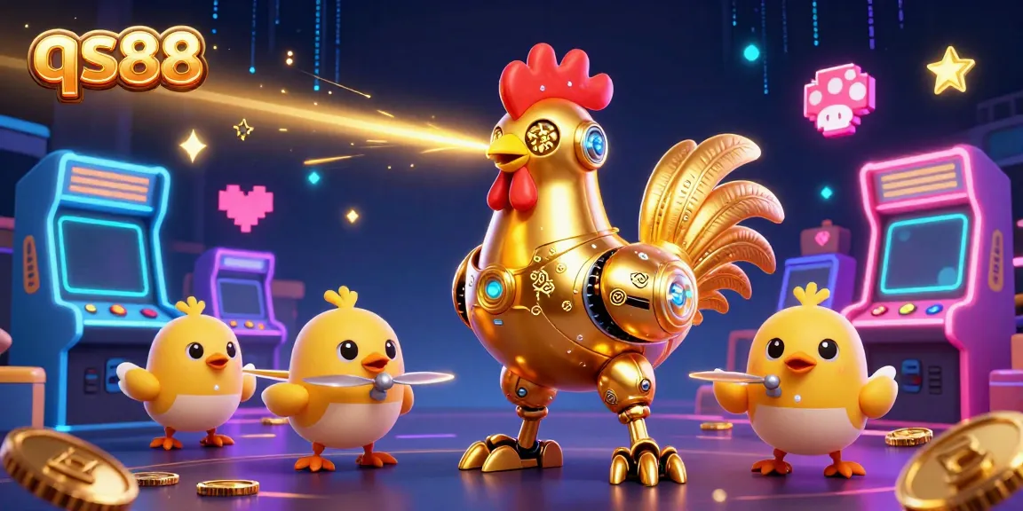 Engage with qs88’s thrilling gaming experience showcasing a golden rooster robot and baby chick drones amidst vibrant 3D arcade elements.
