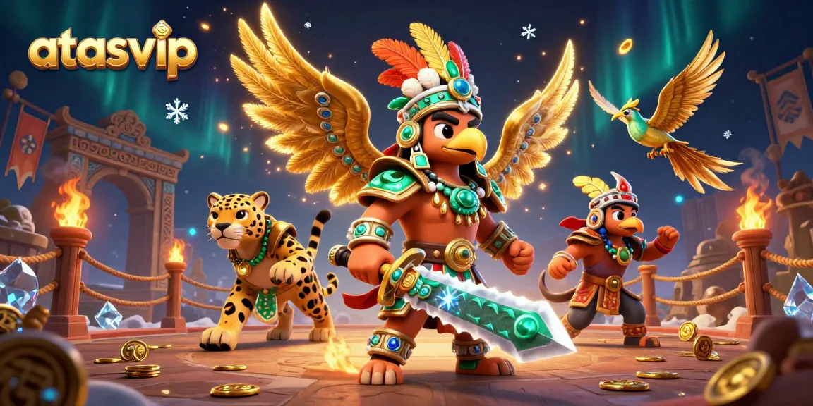 Engage in thrilling games at atasvip, with 3D Aztec warriors in a vivid casino scene.