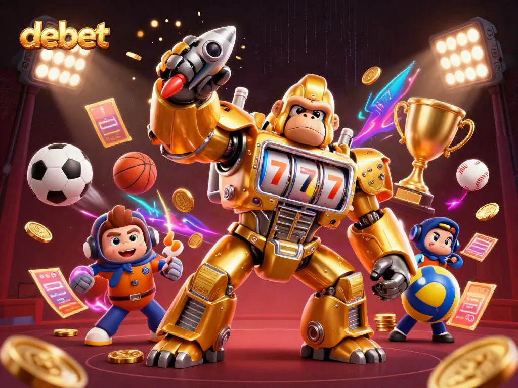 Spin to win with Debet's golden gorilla mech as sports balls fly in a dynamic casino scene.