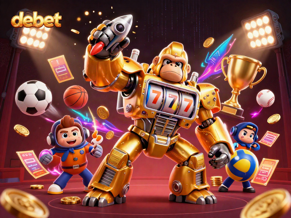 Spin to win with Debet's golden gorilla mech as sports balls fly in a dynamic casino scene.
