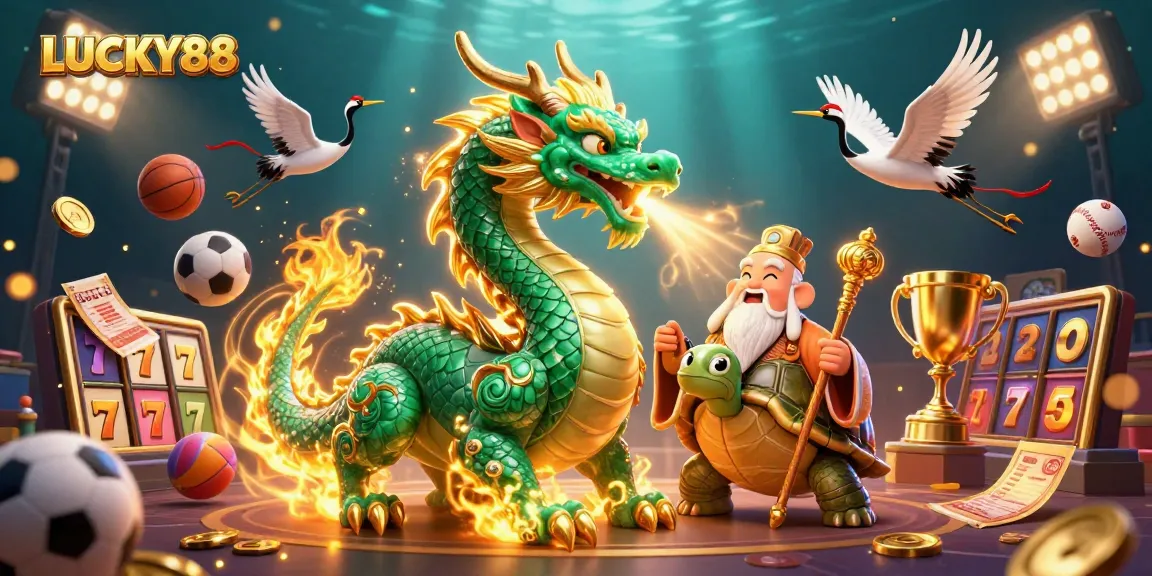 Win big with LUCKY88 slot adventure featuring a vibrant jade dragon and lucky cranes.