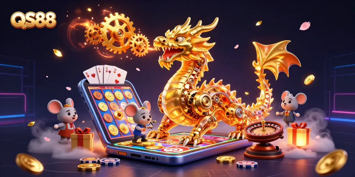 Engage with QS88 casino magic, featuring a golden dragon and vibrant slot game elements in action.