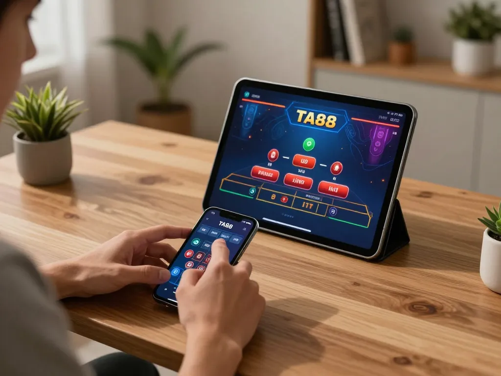 Engaged player using TA88 mobile app for online gaming strategy and betting.