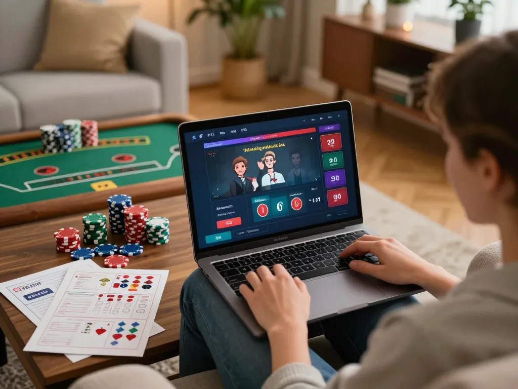 Person engaging in online casino gaming at home with okfun, showcasing strategic gameplay and relaxed atmosphere