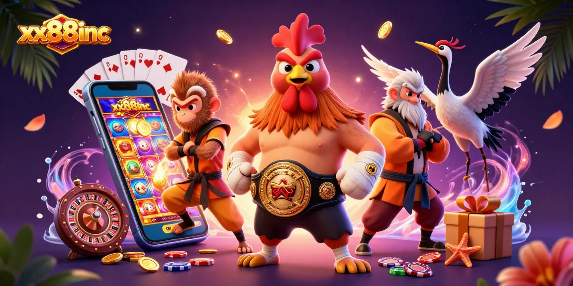 Engage lively characters in a dynamic casino scene representing xx88inc, highlighting a vibrant slot game.