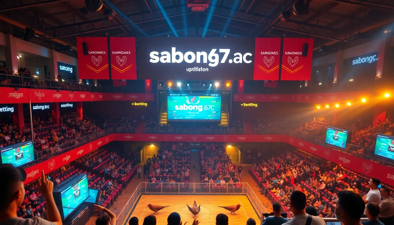 View of live cockfighting arena with sabong67.ac branding, showcasing vibrant atmosphere and HD streaming.