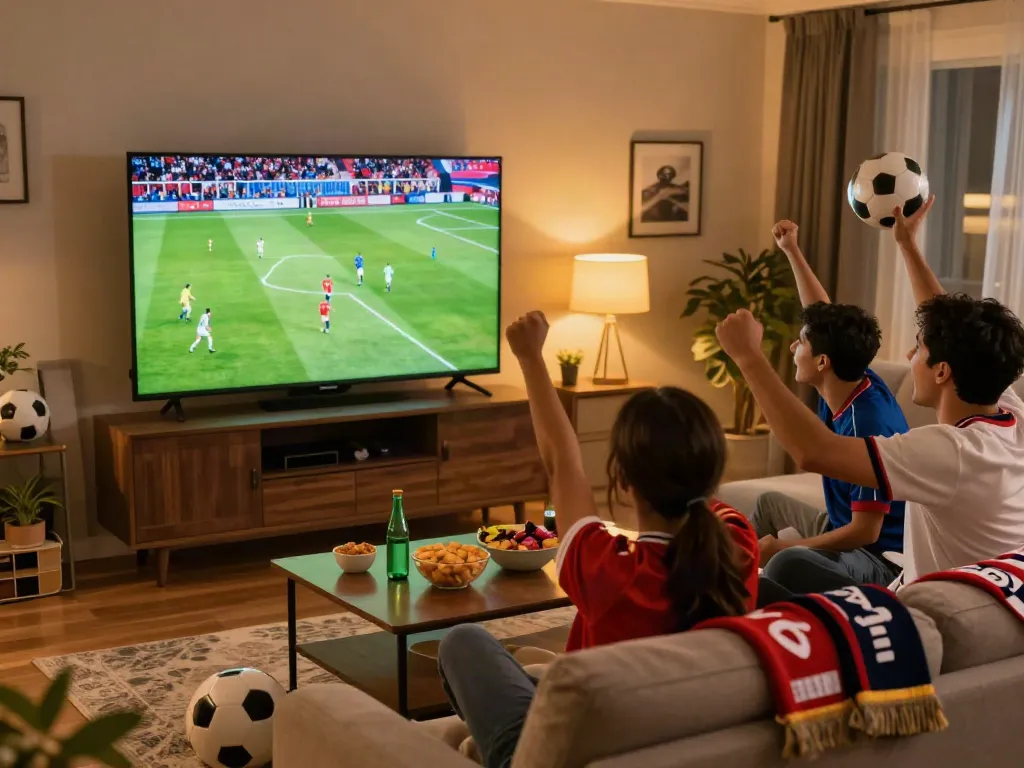 Group of friends enjoying a football match on Thập Cẩm TV in a lively living room.