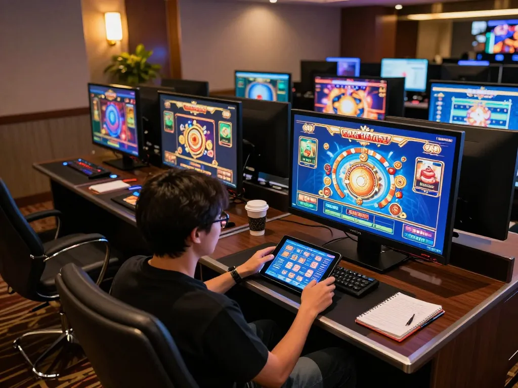 Experience the thrill of the tigerasia88 site with exciting slot games on multiple screens, as a player strategizes their next bet.