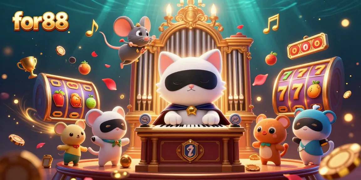 Spin and win with for88's lively 3D casino scene featuring a masked cat and dynamic slot elements.