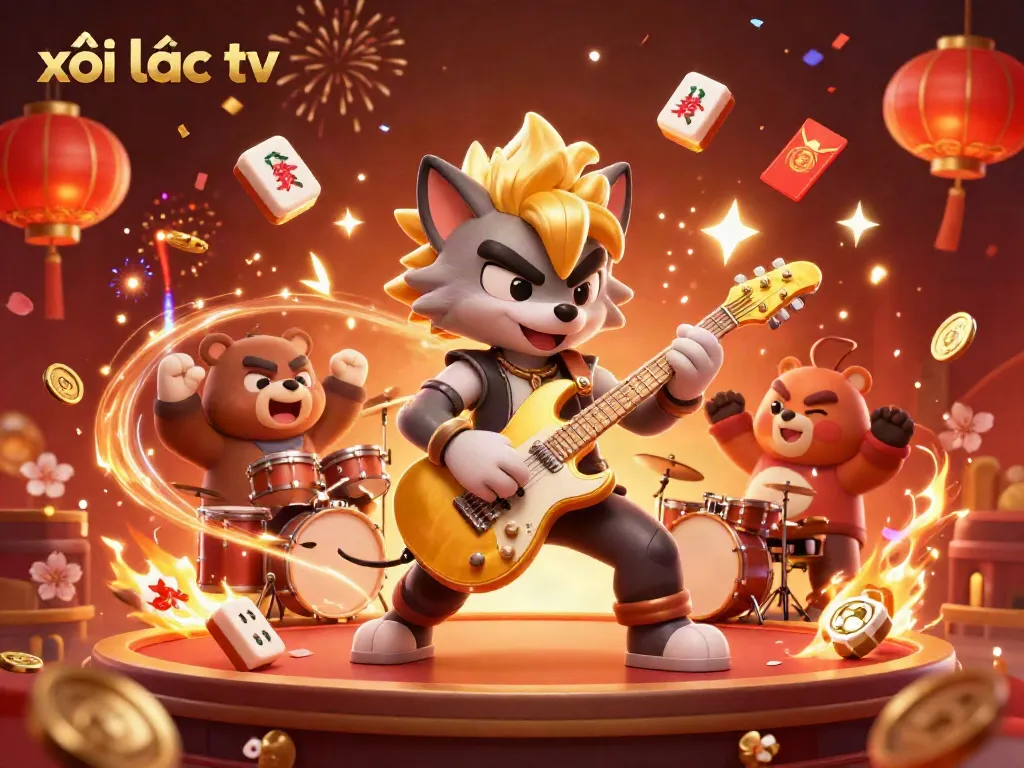 Experience vibrant entertainment with xôi lạc tv as a cartoon rock star wolf and a bear drummer energize the casino stage.