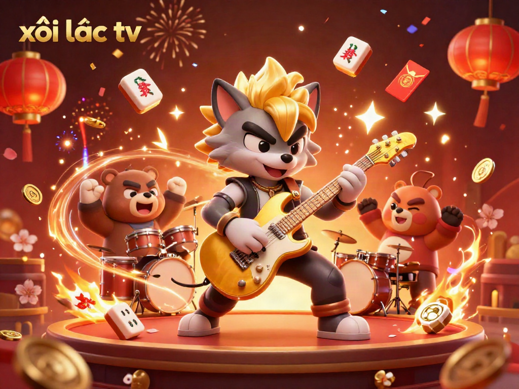 Experience vibrant entertainment with xôi lạc tv as a cartoon rock star wolf and a bear drummer energize the casino stage.