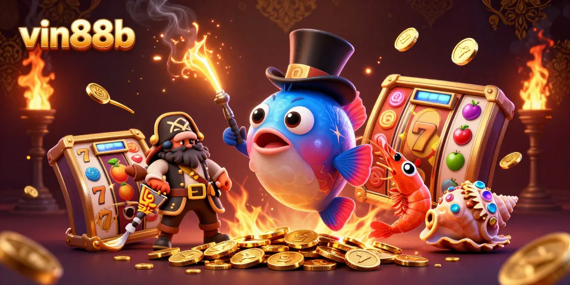 vin88b captures the excitement of online slots with a colorful and engaging treasure scene.