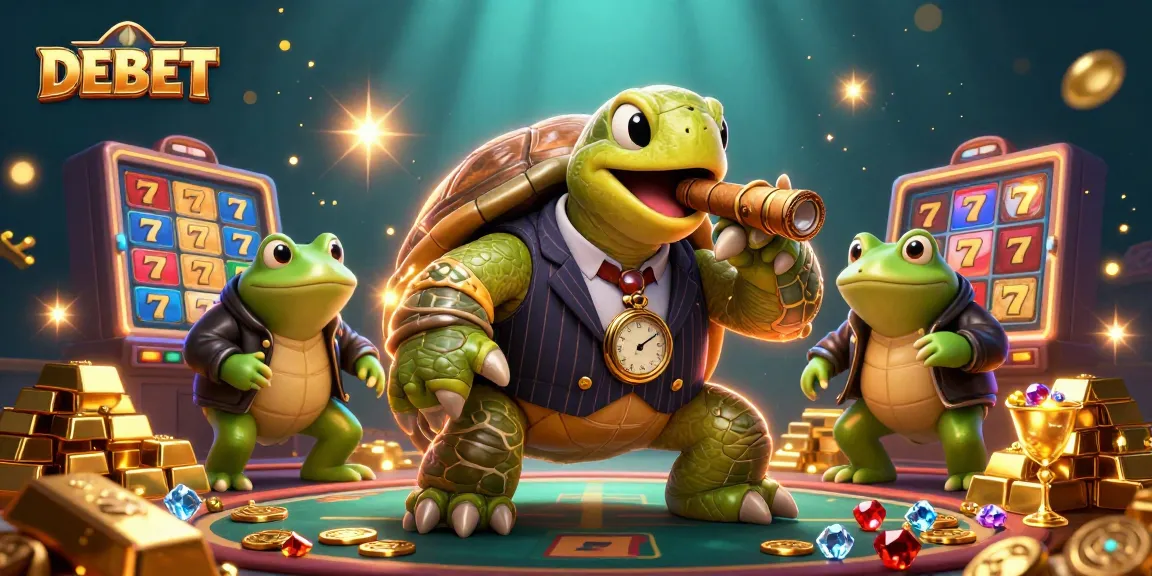DEBET-themed slots illustration showcasing a turtle in a suit with casino elements, highlighting unique gaming treasures.