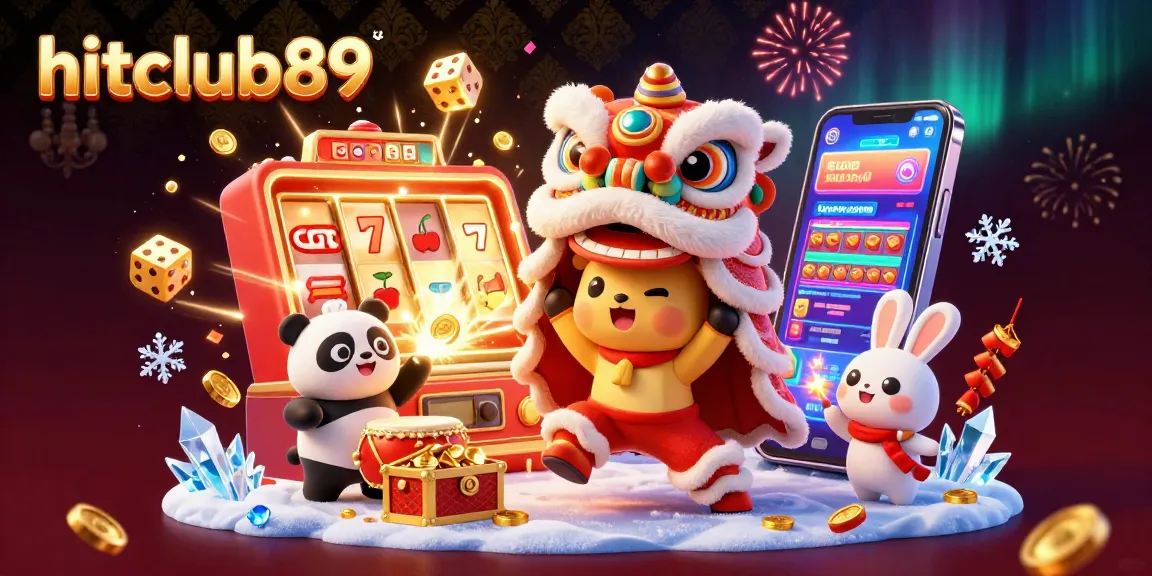 Experience vibrant entertainment at hitclub89 with a colorful lion dance, slot machine jackpot, and winning moments.