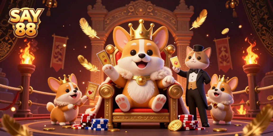 Engage with SAY 88 through a vibrant 3D illustration depicting a royal corgi, cat butler, and dynamic casino elements.