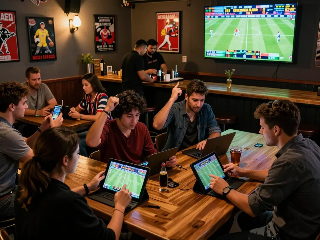 Engaging sports betting atmosphere at a bar, featuring kèo nhà cái updates on large screens with excited patrons placing bets.