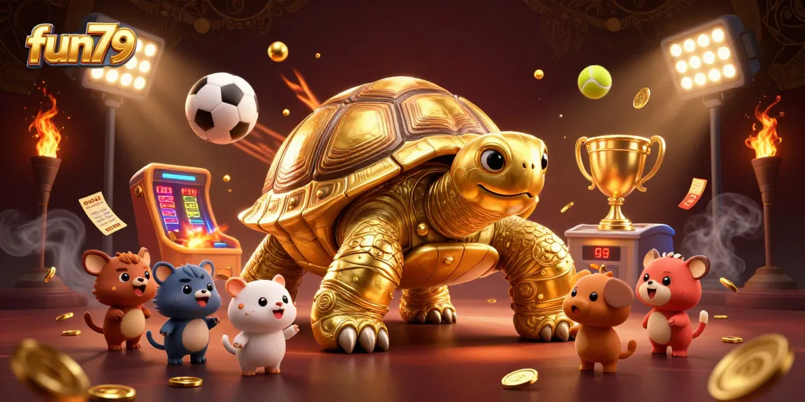 Experience excitement at fun79 with a colossal golden tortoise pinball machine, sports themes, and dynamic casino elements.