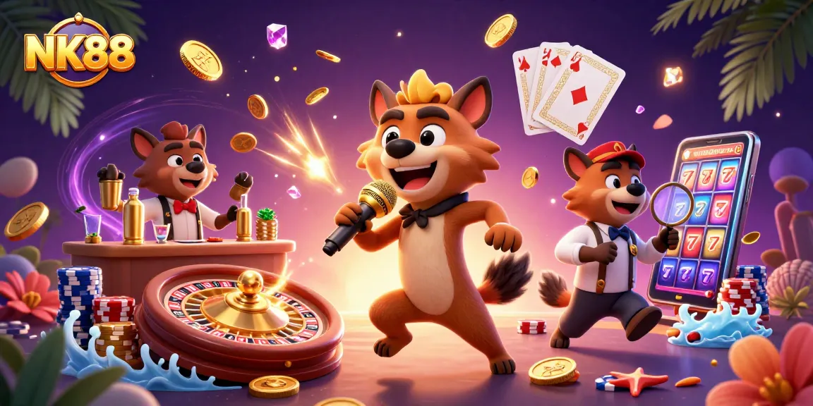 Experience fun at NK88 casino with hyenas enjoying slots, cocktails, and laughter.