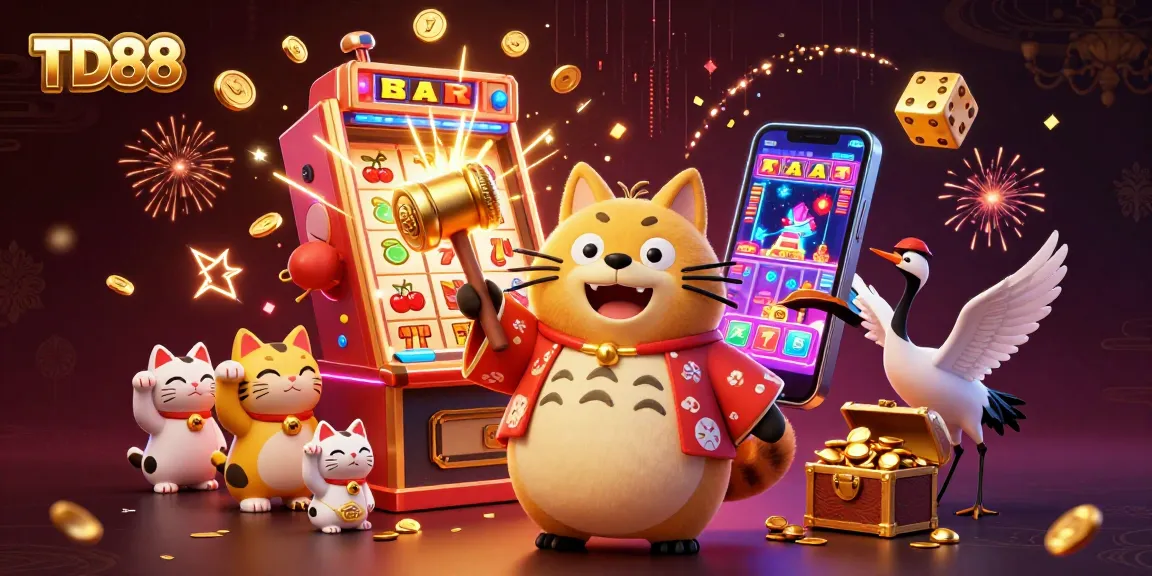 Engage in thrilling gameplay with TD88 featuring cheerful tanuki characters and an explosive jackpot scene.