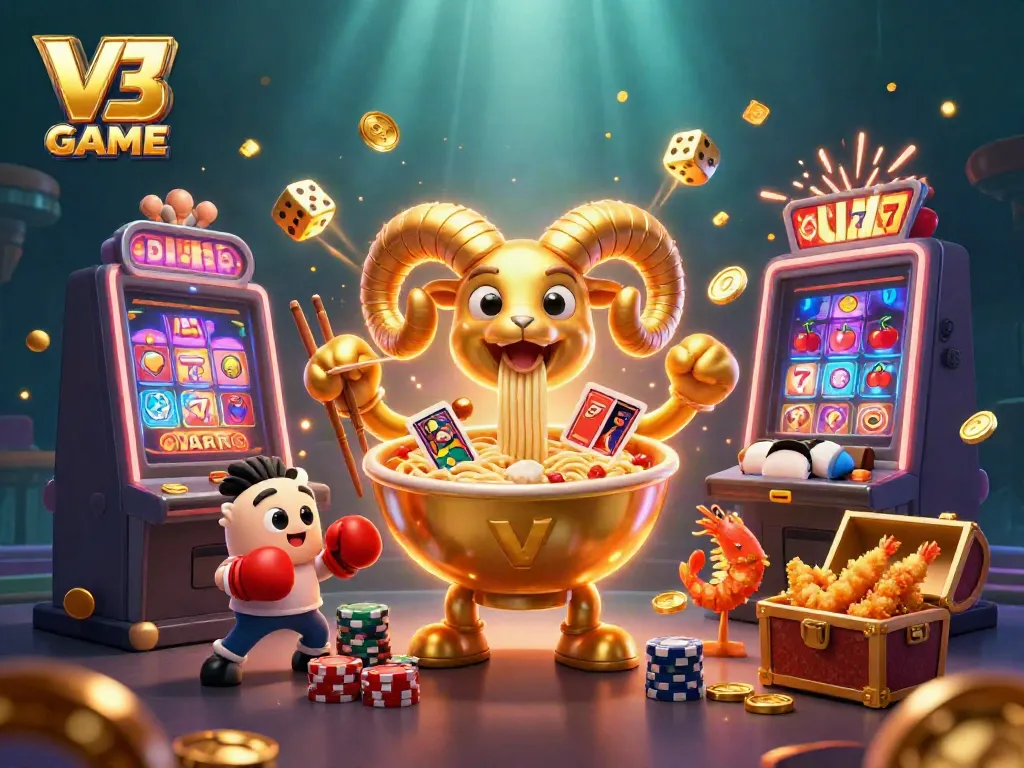 Engage in the vibrant world of V3 GAME with a lively 3D illustration showcasing unique gaming characters and dynamic elements.