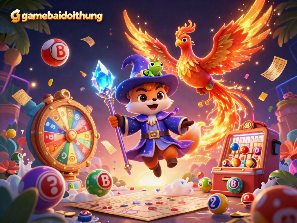 Engage with gamebaidoithuong's vibrant casino action featuring a whimsical fox wizard, phoenix, and magical game elements.
