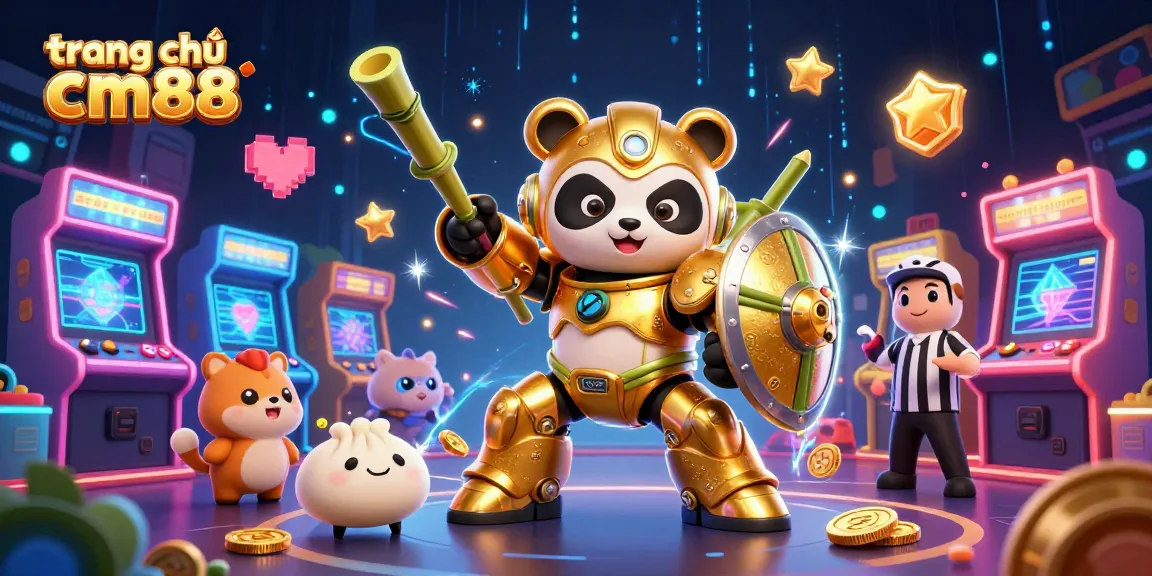 Engage with the vibrant scene on trang chủ cm88 featuring a mech-suit panda amidst casino elements.