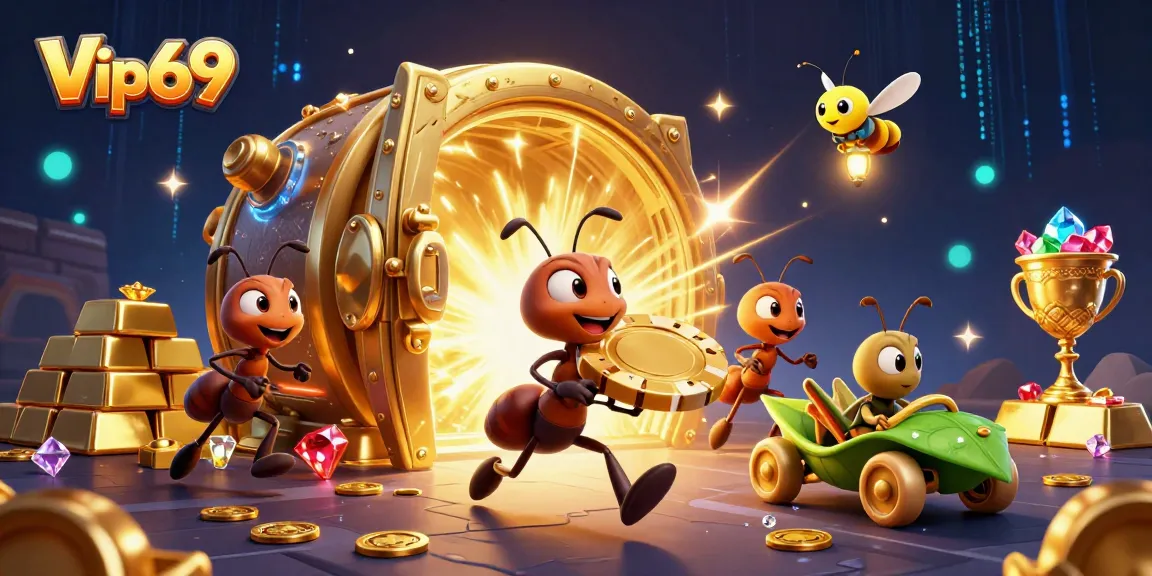 Experience thrilling gameplay with Vip69's golden poker chip heist in a vibrant casino world.