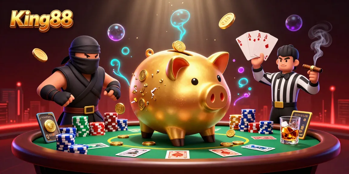 Experience King88's thrilling gaming atmosphere with vibrant characters and action-packed casino elements.