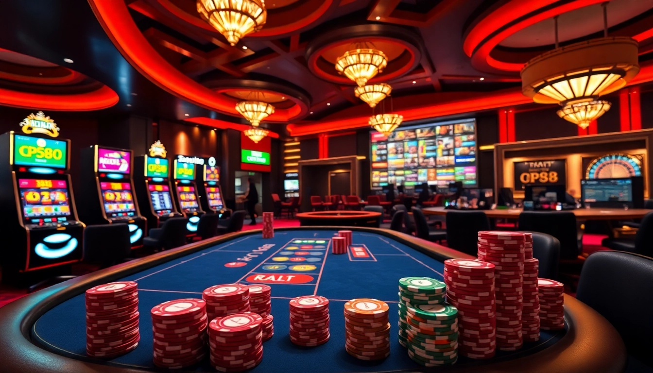 Experience the thrill of KP88 with vibrant casino scenes showcasing poker tables and slot machines.