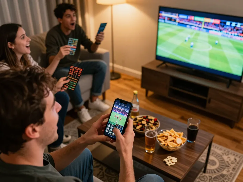 Person engaging in sports betting on smartphone with friends cheering, vin88lk highlights competitive excitement.