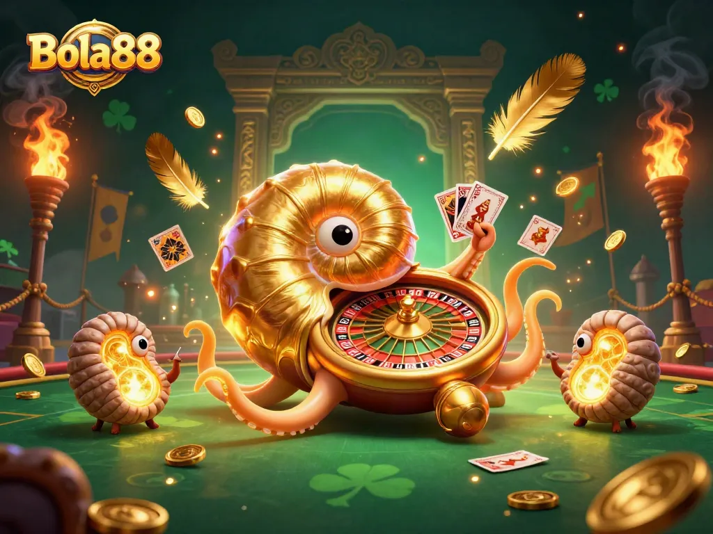 Bola88 features a giant nautilus roulette wheel in a vibrant casino scene filled with betting excitement.