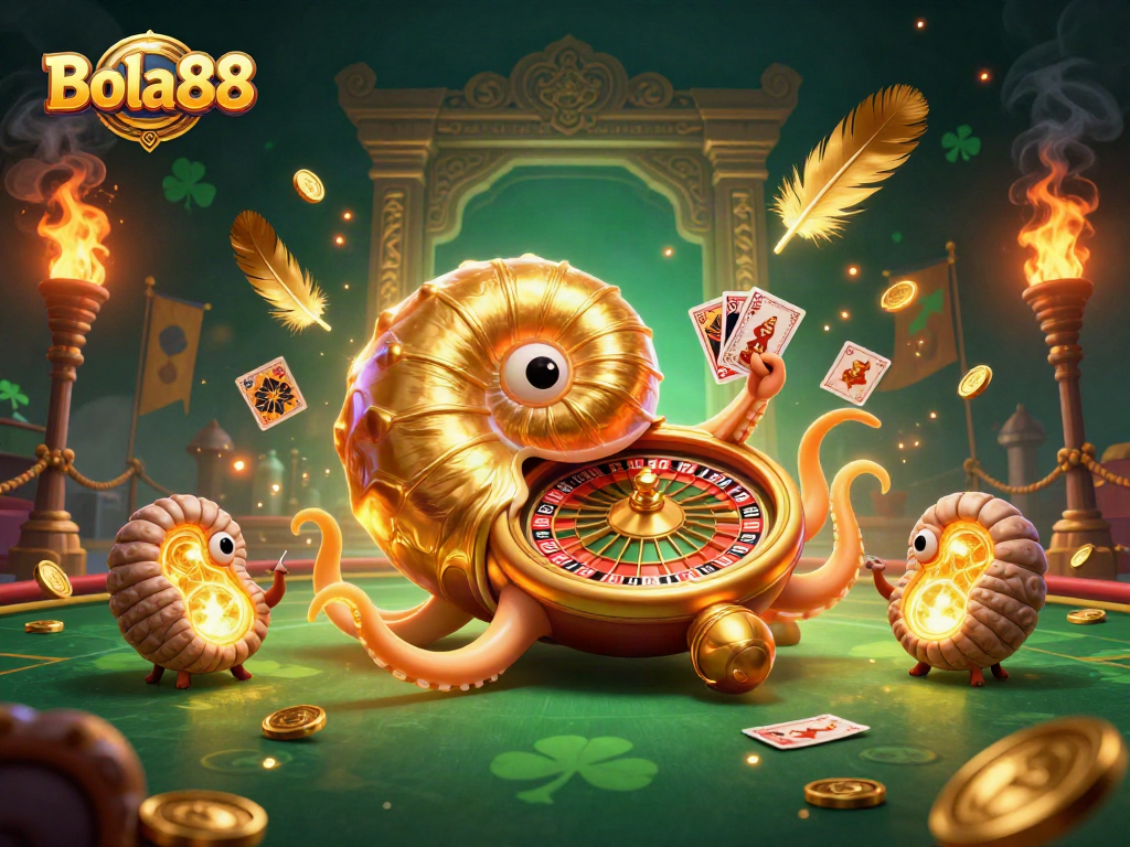 Bola88 features a giant nautilus roulette wheel in a vibrant casino scene filled with betting excitement.