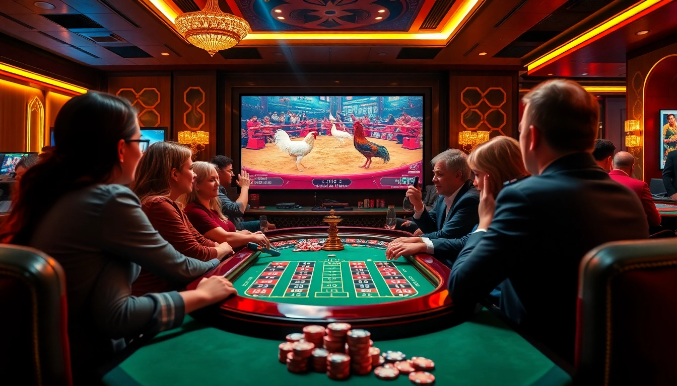 Experience the excitement of SV388 com link đá gà in a vibrant casino scene with live action and betting.