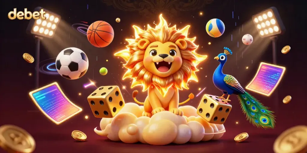 Experience the vibrant world of debet, featuring dynamic casino elements and a roaring lion surrounded by gold.