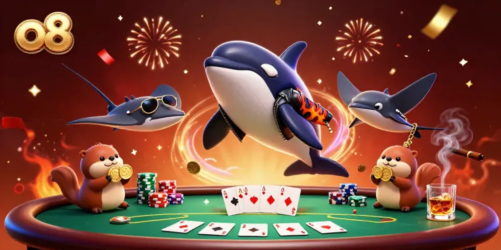 Join the excitement with o8's vibrant casino scene featuring an orca, stingray, and otters amidst poker games.