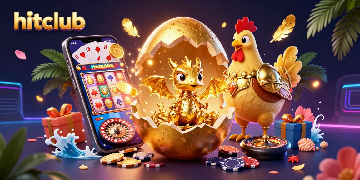 Immerse in hitclub's vibrant gaming world with a golden dragon amidst poker chips and thrilling casino elements.