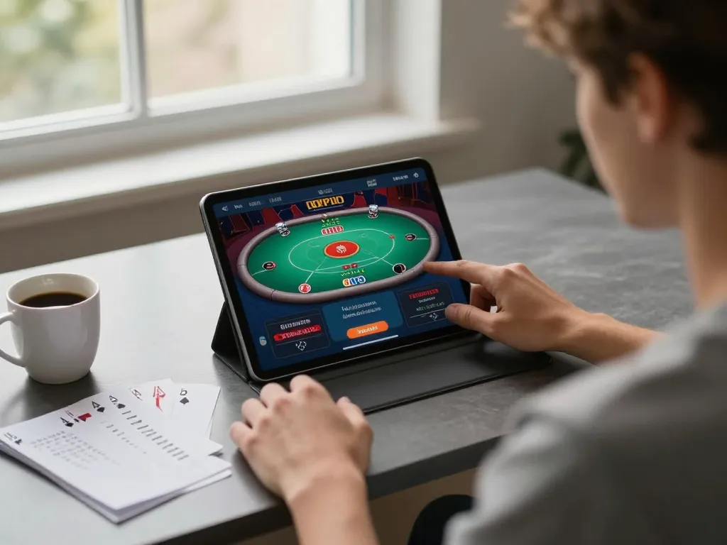 Player engaging with an online casino app, showcasing xx88 with strategy notes and a cozy home setup for responsible gaming.
