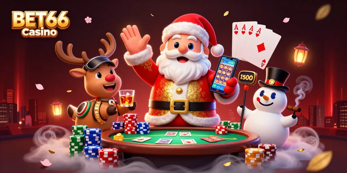 Engage in thrilling gameplay at BET66 casino with Santa and friends in a vibrant 3D scene.